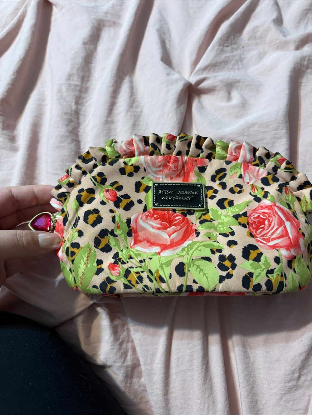 Betsey Johnson Floral Rose & Leopard Ruffle Cosmetic Bag - Pink/Green/Beige